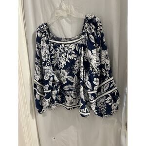 C&C California Blue White Floral Square Neck Cropped Peasant Top Sz Xl